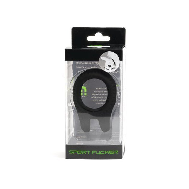 Black Sport Fucker CockPit silicone cock ring in clear-front retail packaging