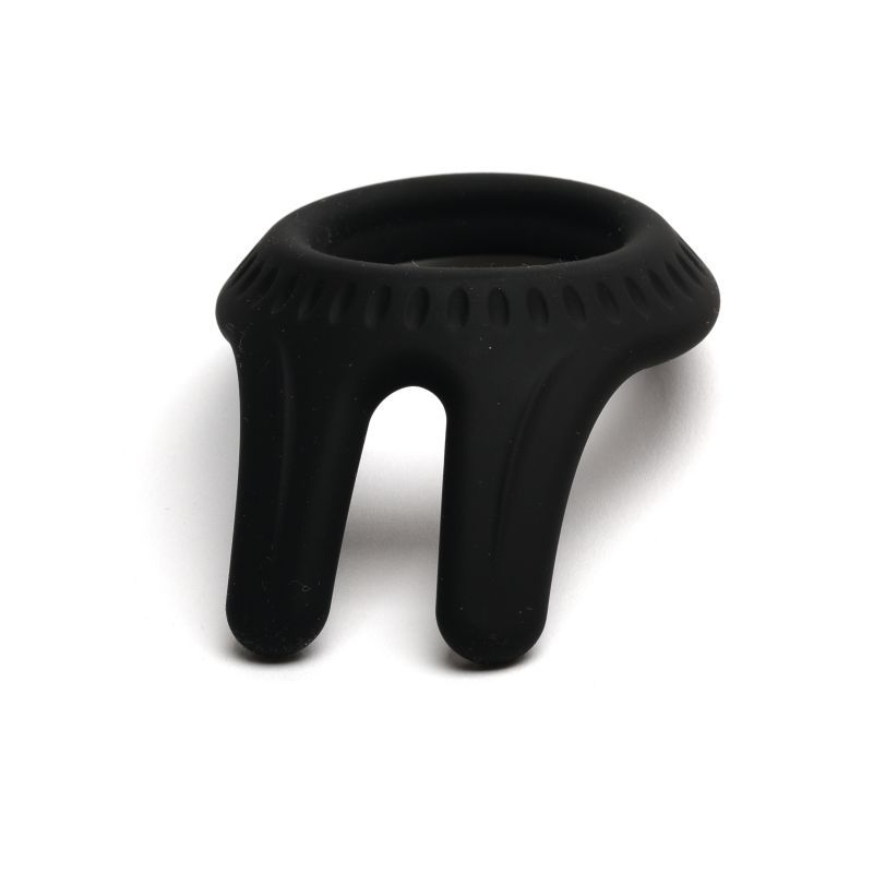 Angled view of the black Sport Fucker CockPit silicone cock ring showing its moulded band and forked tapered ends