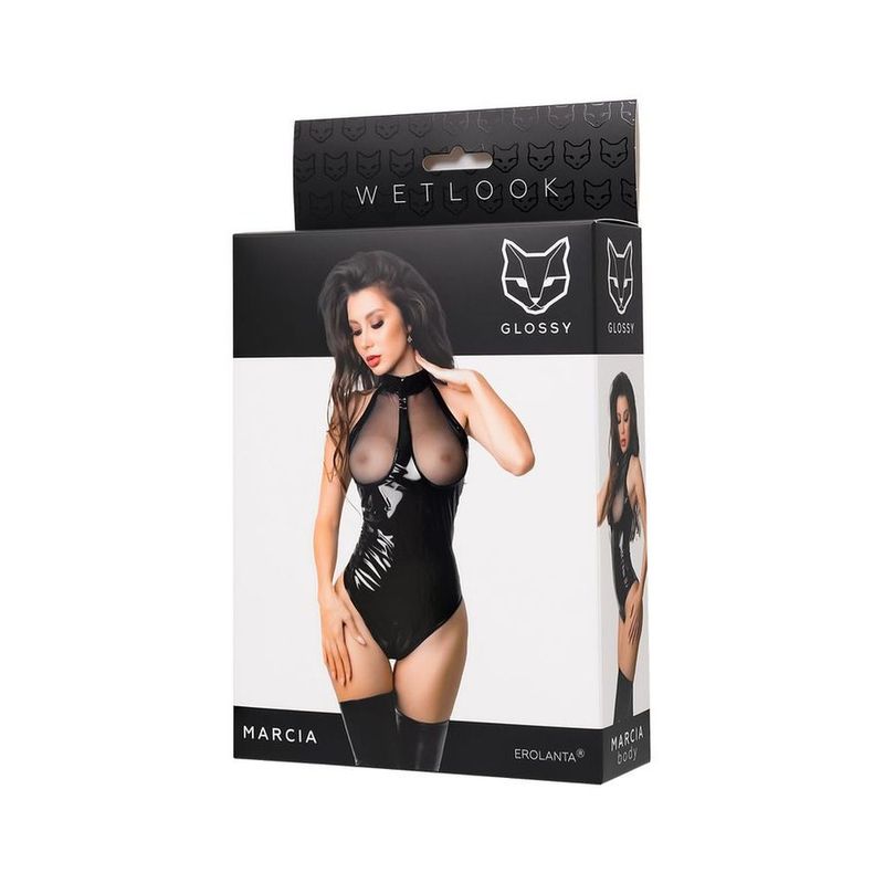 Glossy Marcia Wetlook Bodysuit – Mesh Cut-Outs & Back-to-Front Zip