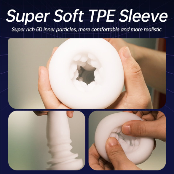 Super Soft TPE Sleeve packaging with hands holding a white sleeve.