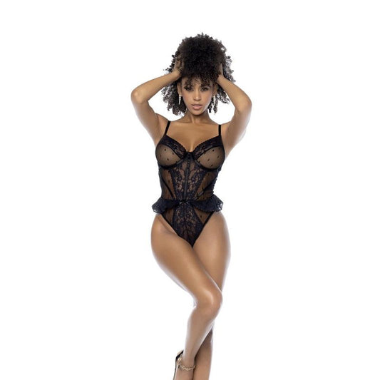 Bodysuit with Lace Ruffles Black Small/Medium