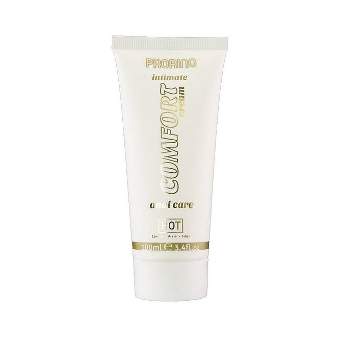 Prorino Anal Comfort Cream 100ml white squeeze tube with gold lettering and HOT branding, front view