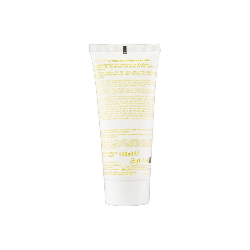 Rear of the Prorino Anal Comfort Cream 100ml tube showing product directions and ingredient information
