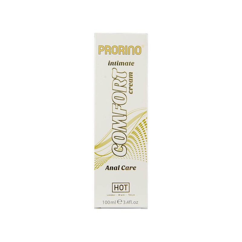 Front of the Prorino Anal Comfort Cream 100ml retail box with gold lettering and HOT branding