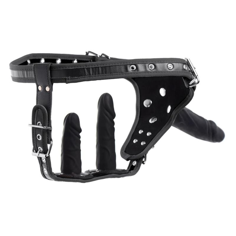 Strict harness side view showing the outward and inward-facing silicone dildos