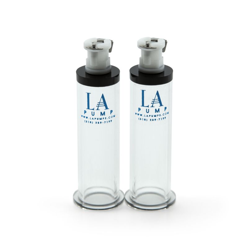 LA Pump pair of clear acrylic nipple cylinders with flared openings, black collars and quick-connect fittings