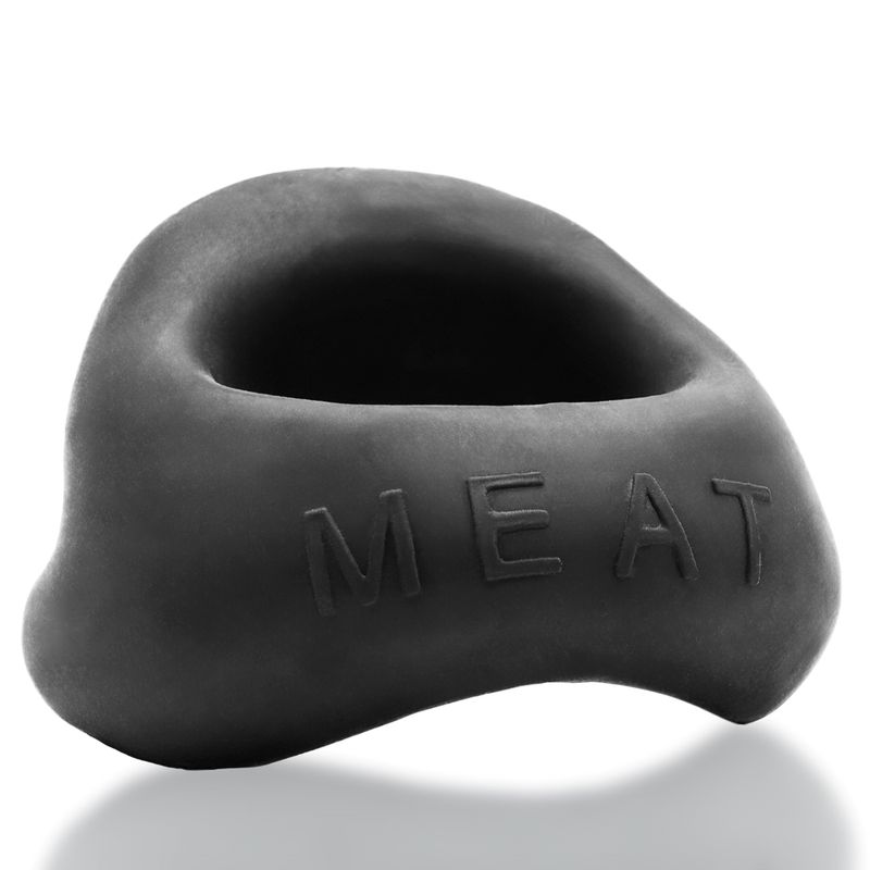 OxBalls Meat Night cock ring in black, low front view with moulded MEAT lettering