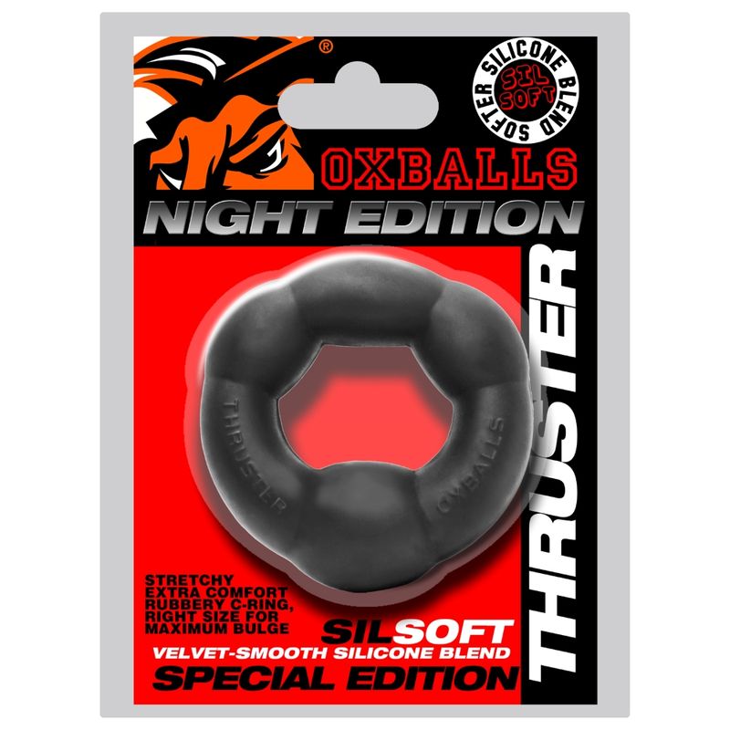 OxBalls Thruster Night Edition retail packaging labelled SILSOFT silicone blend