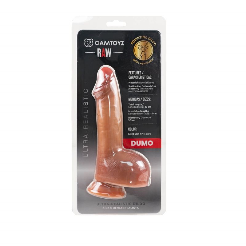 CamToyz RAW Dumo packaging showing squirting feature, silicone material and measurements