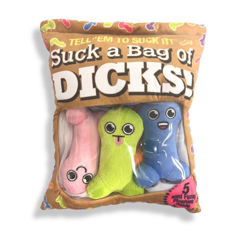 Suck a Bag of Dicks printed bag pillow with a front window showing colourful mini plush characters