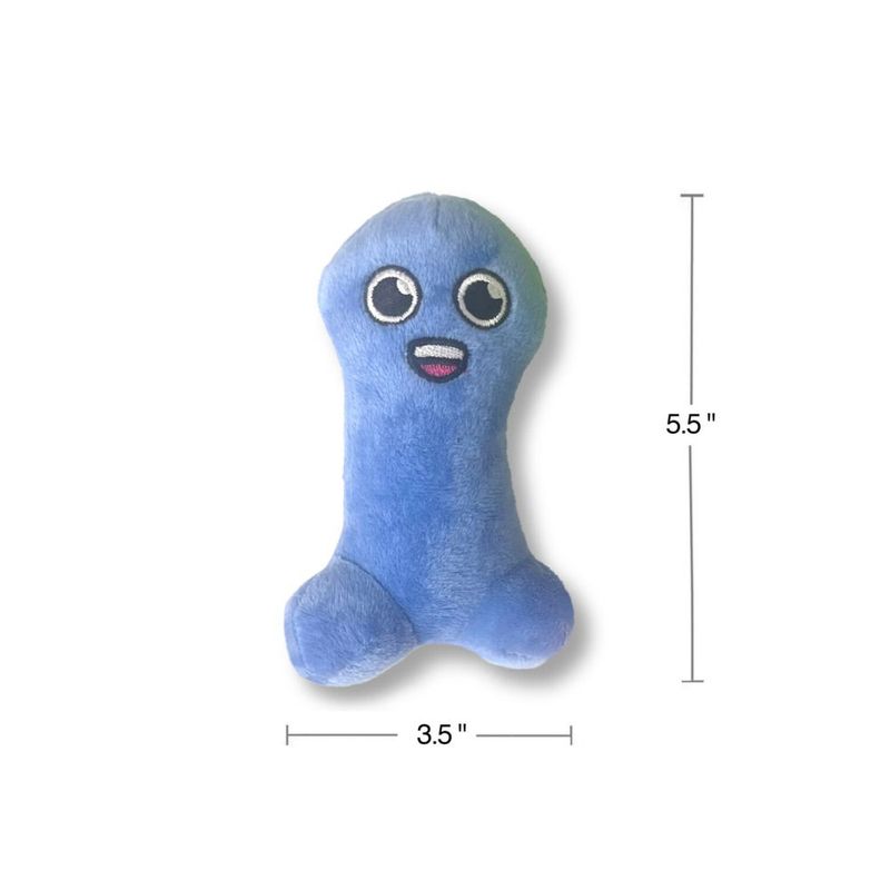 Blue mini plush character from the Little Genie set with a size diagram marking 5.5 inches long and 3.5 inches wide