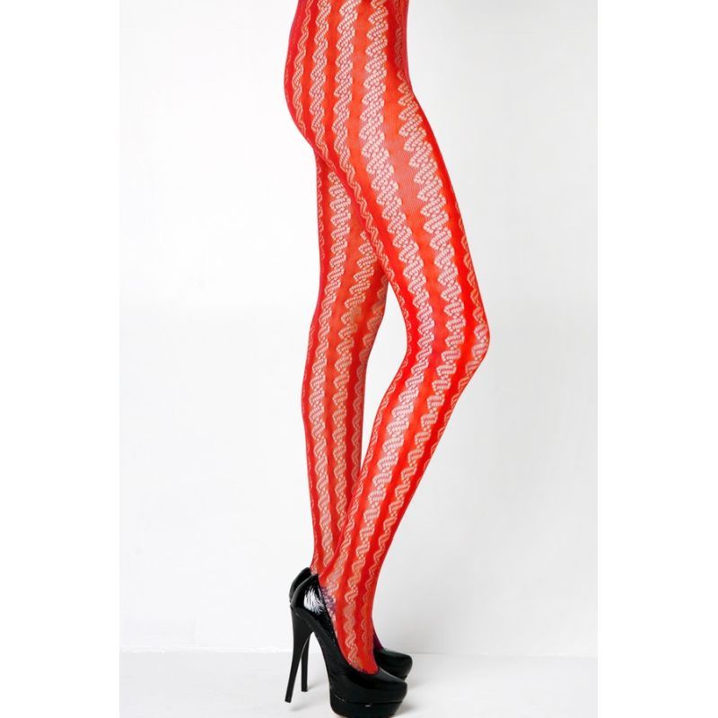 Stella Elyse Coiled Lines Fishnet Tights in Red, side view of the coiled pattern