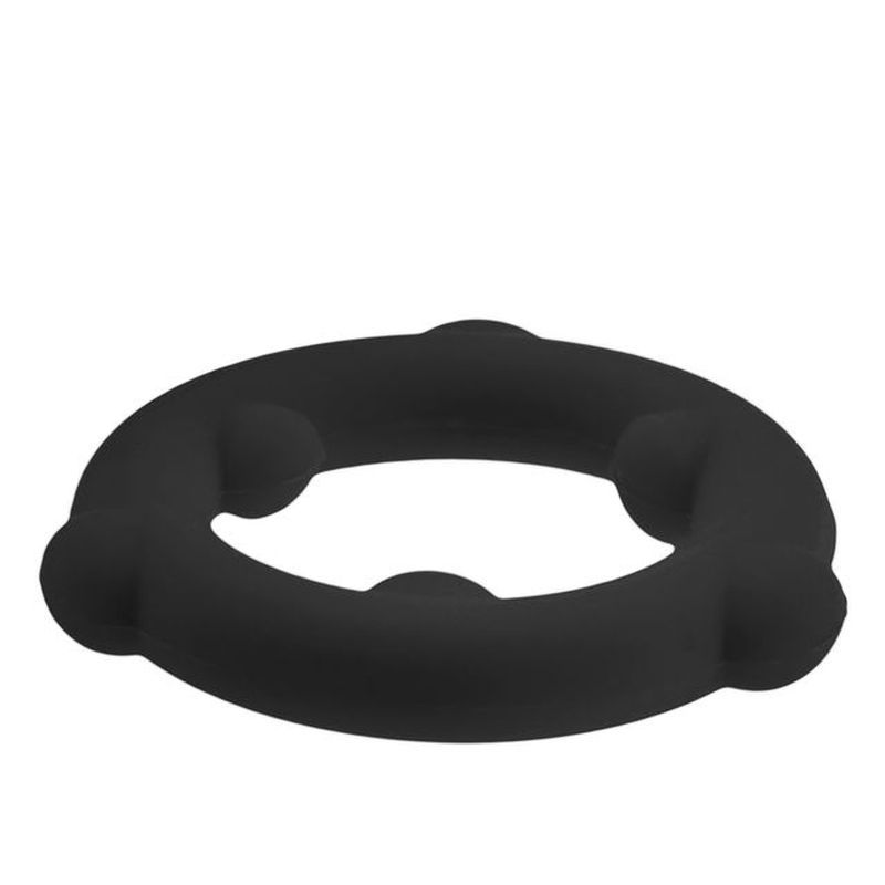 OxBalls Spinner black silicone cock ring, low side view of the slim band and inner nubs