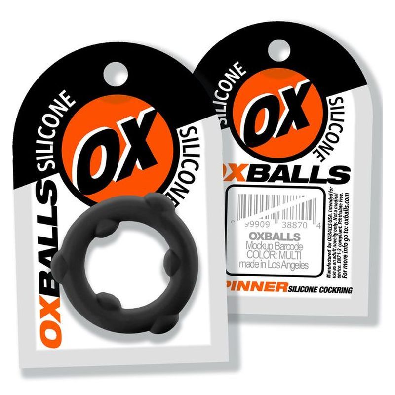 OxBalls Spinner black silicone cock ring with front and back packaging illustrations