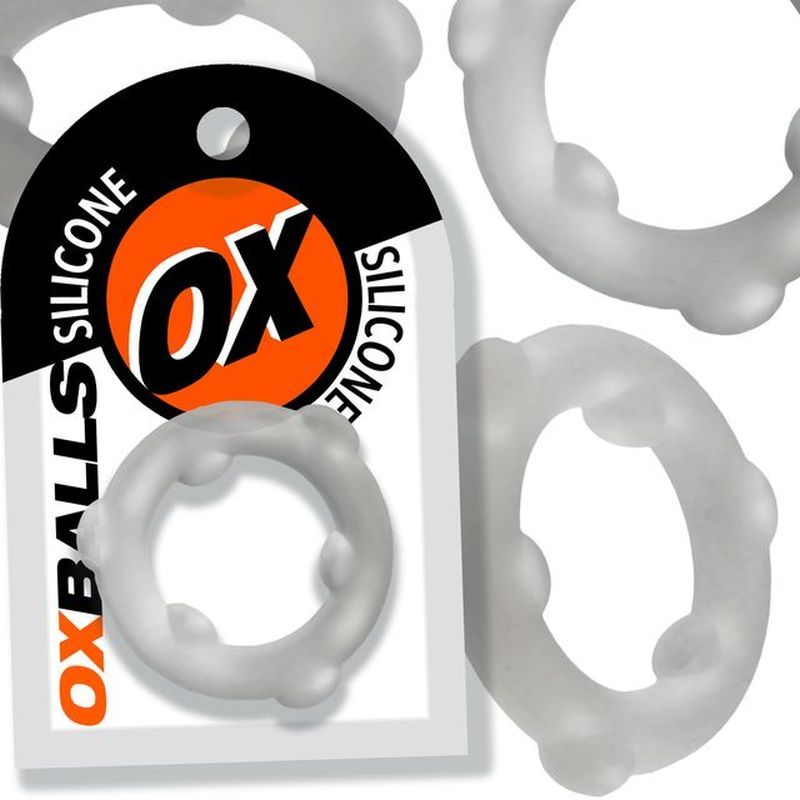 OxBalls Spinner translucent clear silicone cock ring, packaging and ring close-up collage
