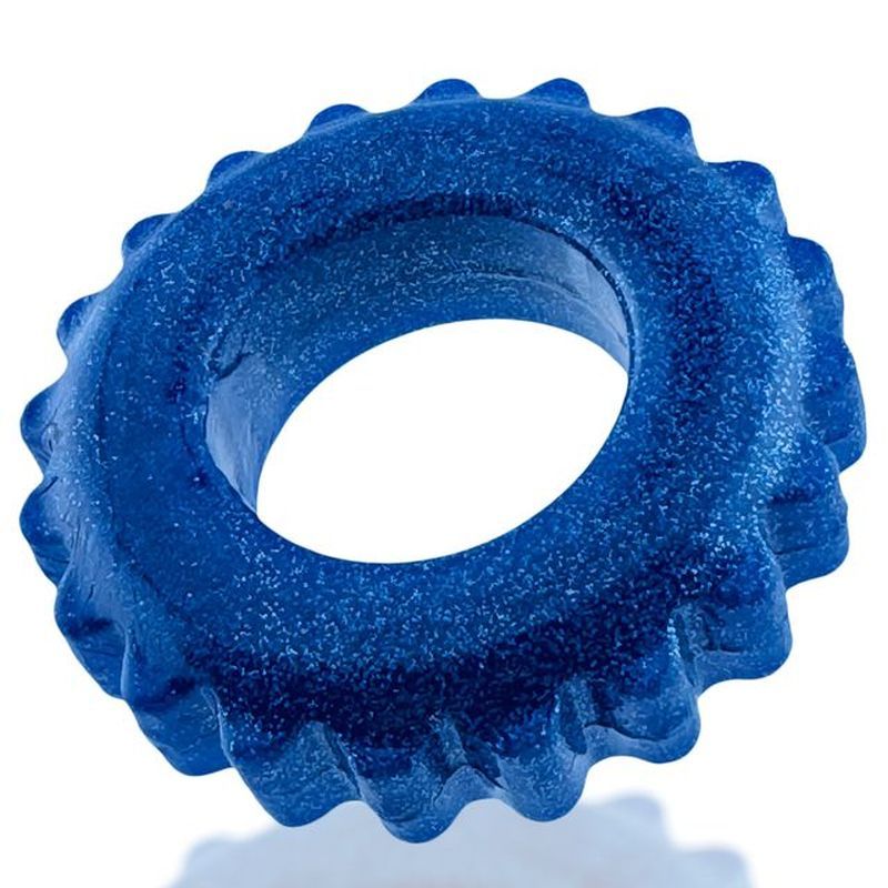 Low angled view of the Blue Plushy ring showing its glittery finish