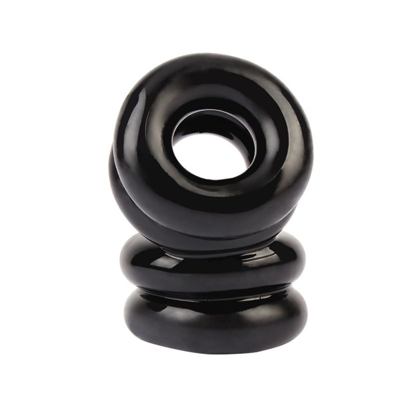 Front view of the black GK Power Double Stacked Dual Pleasure ring showing one opening above the other