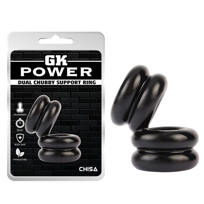 GK Power Dual Chubby Support Ring retail packaging beside the black Double Stacked Dual Pleasure ring