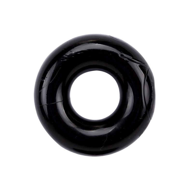 Top view of a black GK Power Mega Donut cock ring showing its smooth rounded band and central opening