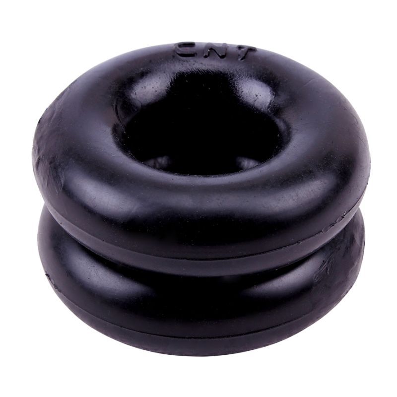 Close-up of two matching black GK Power Mega Donut cock rings placed one above the other