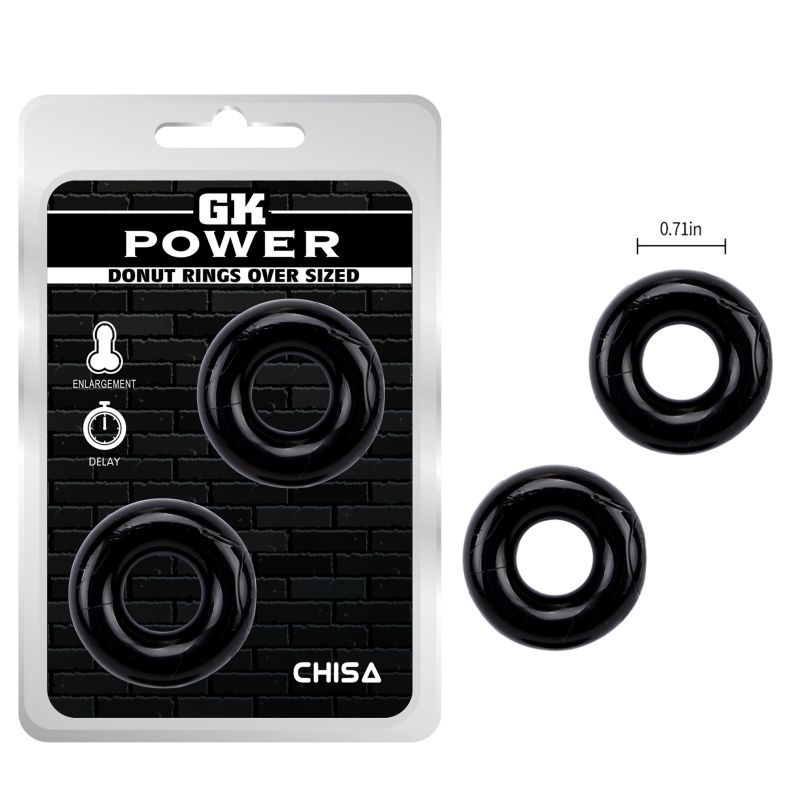 GK Power Donut Rings Over Sized twin-pack packaging beside two black rings with an unstretched opening diagram of approximately 1.8cm