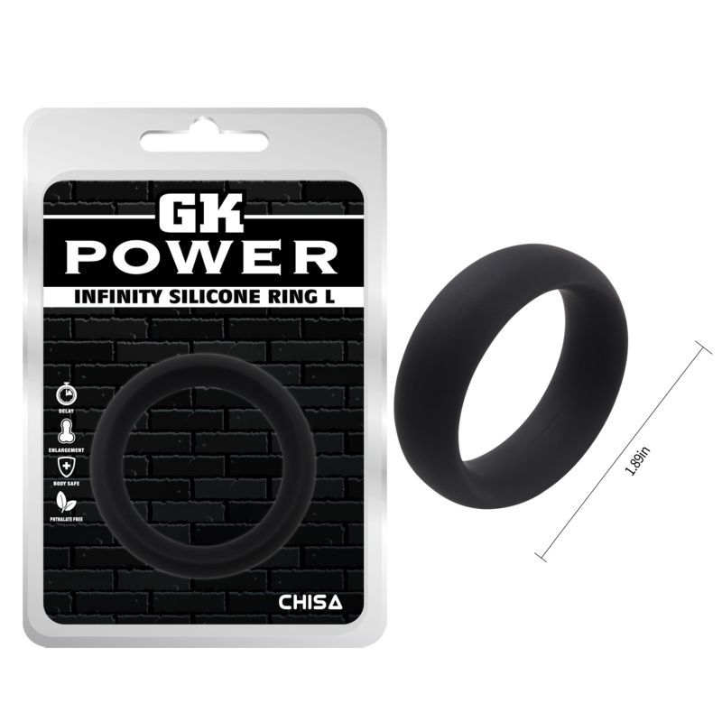 GK Power Infinity Silicone Ring L retail packaging beside the black ring with a 4.8cm diameter illustration