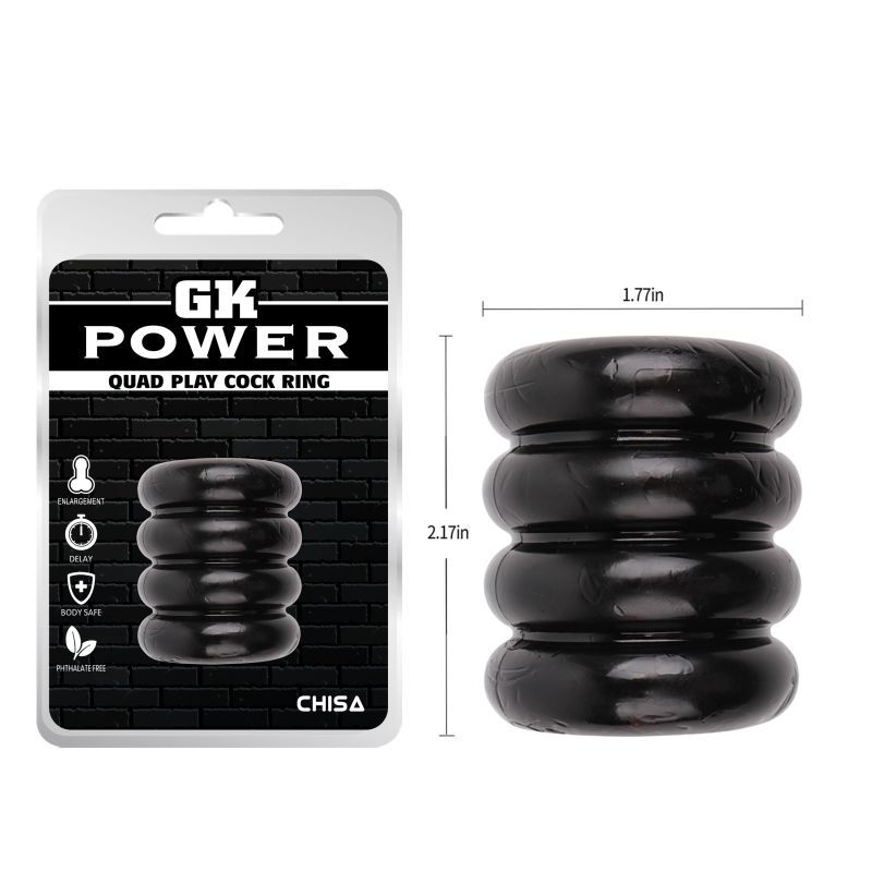 GK Power Quad Play Cock Ring retail packaging beside a diagram showing approximately 5.5cm overall length and 4.5cm outside diameter