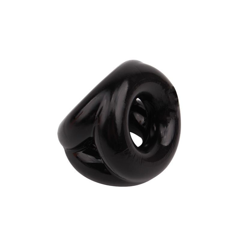Angled view of the black GK Power Triangle Cock and Ball Ring showing its three connected rounded loops