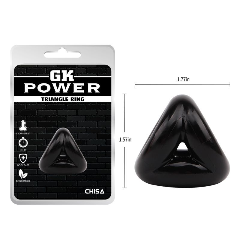 GK Power Triangle Ring retail packaging beside a diagram showing approximately 4cm overall height and 4.5cm overall width