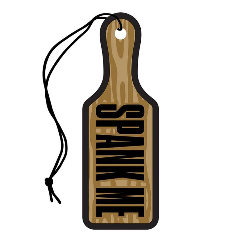 Wood Rocket Spank Me paddle-shaped air freshener with brown woodgrain artwork, black lettering and hanging string