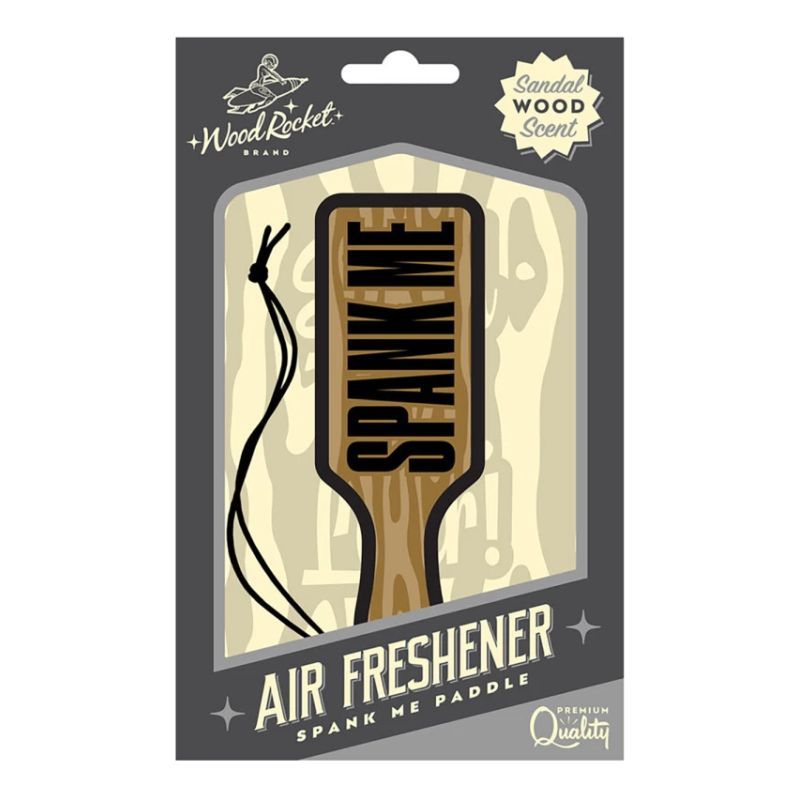 Wood Rocket Spank Me Paddle Air Freshener in sandalwood-labelled retail packaging