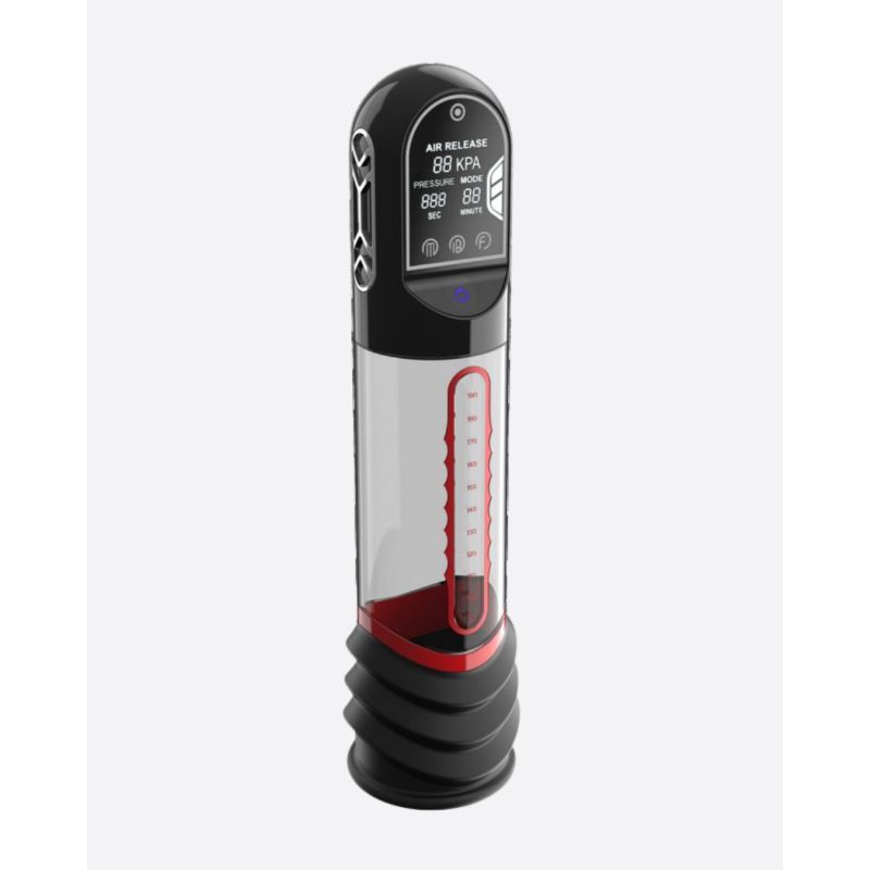 Red Peak Performa ISP90 Curve penis pump, angled view showing the clear cylinder and top controls