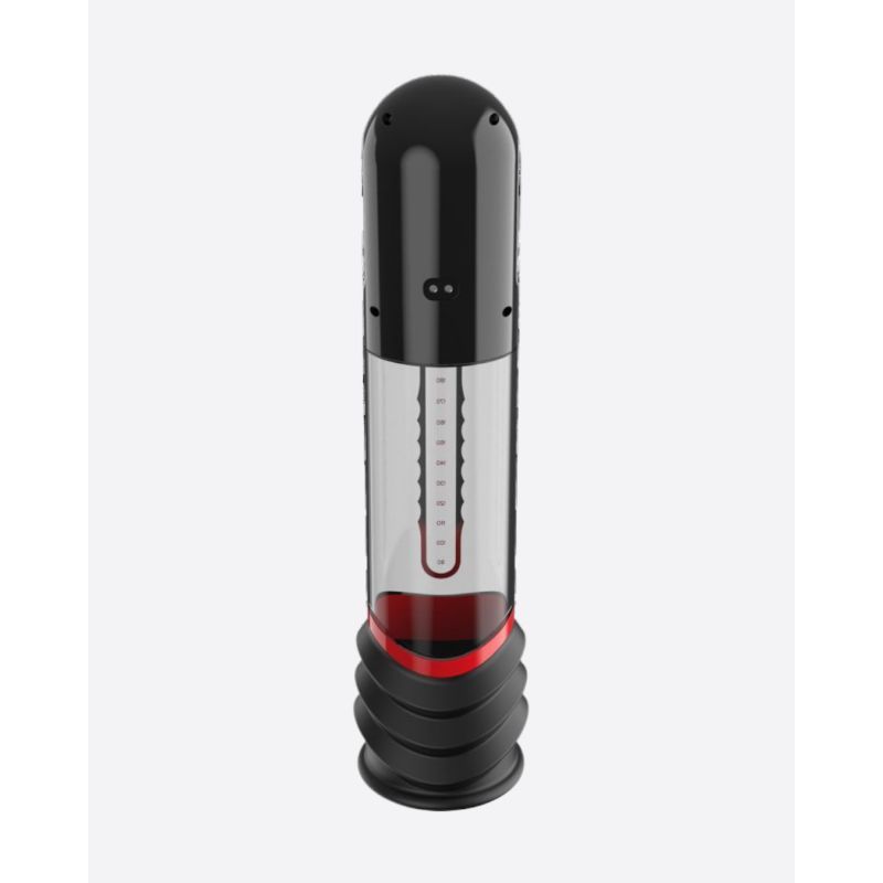 Peak Performa ISP90 Curve penis pump in Red, rear view showing the motor housing, cylinder scale and sleeve base