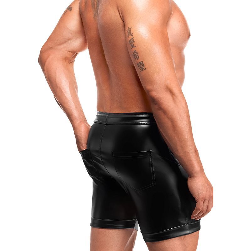 Noir Handmade H088 Rogue black wetlook shorts, close rear three-quarter view showing back pocket