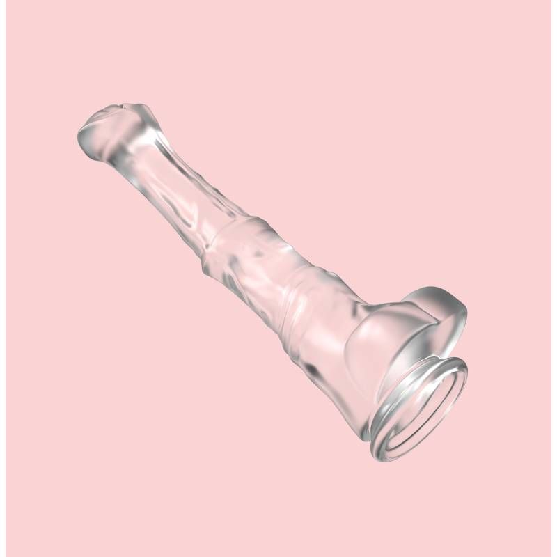 S-Hande Duke dildo angled to show the underside of the suction cup