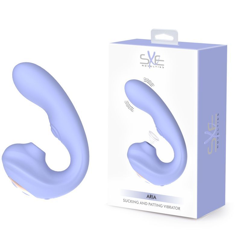 SXE Aria lilac vibrator beside its Sucking and Patting Vibrator retail box