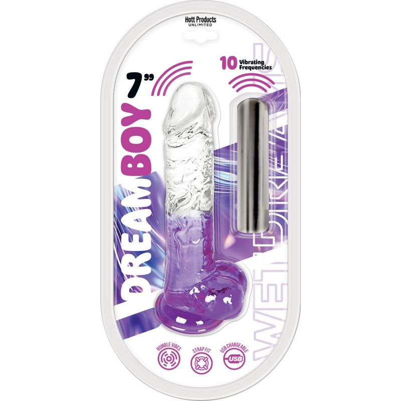 Hott Products Dream Boy clear-to-purple textured jelly dildo with removable silver bullet vibrator in retail packaging