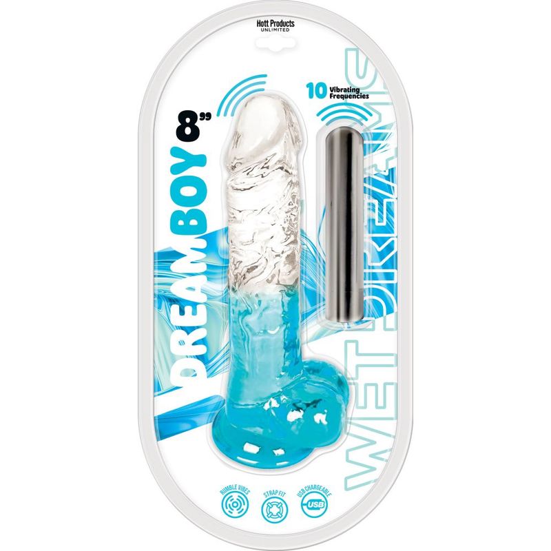 Hott Products Dream Boy clear-to-turquoise textured jelly dildo and removable silver bullet vibrator in 8 inches retail packaging