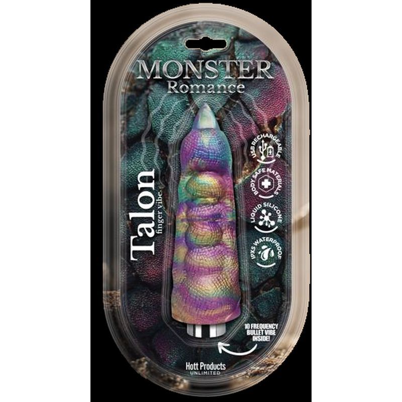 Monster Romance Talon textured multicoloured silicone finger vibrator with claw-shaped tip in its retail pack