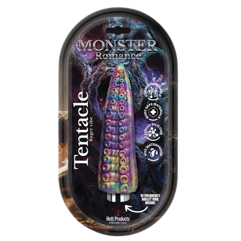Multicolour Hott Products Tentacle silicone finger vibrator with raised sucker-style texture and a silver bullet tip in Monster Romance packaging
