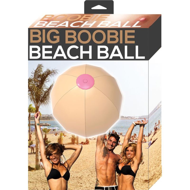 Hott Products Big Boobie Beach Ball retail box showing the inflatable breast-shaped party ball