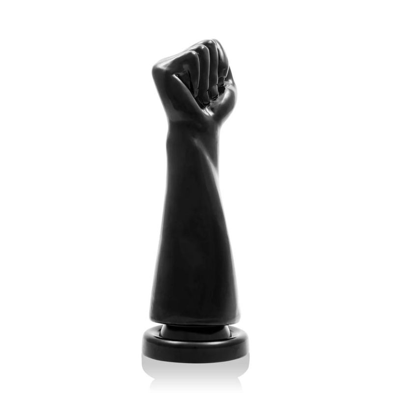 SI Novelties Rebel Fist black fantasy dildo showing the sculpted hand, forearm and suction base