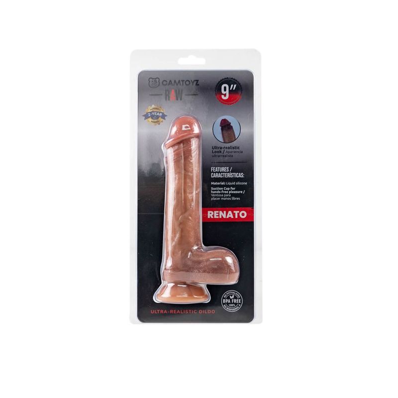 RAW Renato dildo in CamToyz retail packaging with suction-base feature
