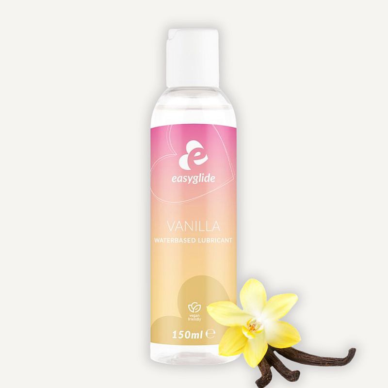 EasyGlide Vanilla water-based lubricant 150ml bottle with vanilla flower and pod styling