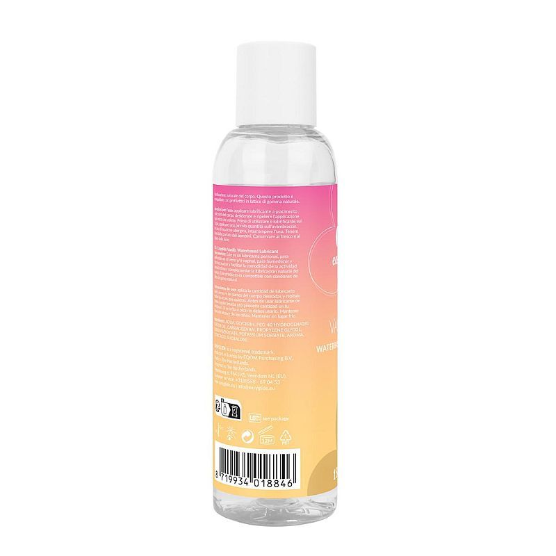 Back label of the EasyGlide Vanilla 150ml bottle showing its barcode and product information