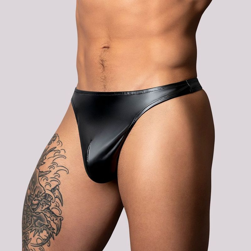 Front view of the Male Power Liquid Onyx 2.0 black wet look thong, showing its contoured pouch and slim sides