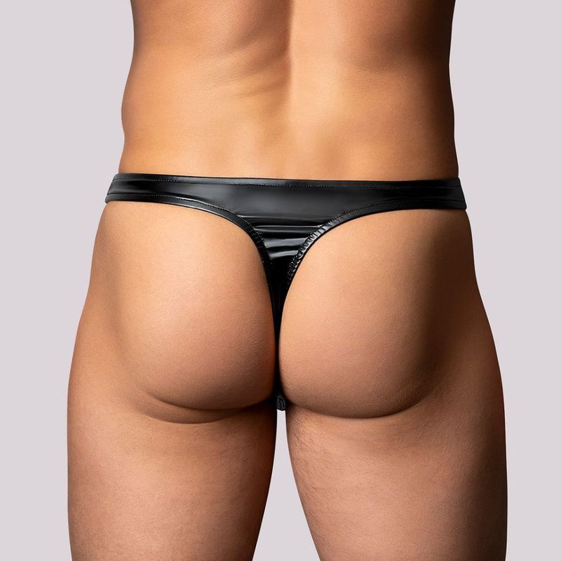 Rear view of the Male Power Liquid Onyx 2.0 black wet look thong, showing its narrow T-back and glossy finish