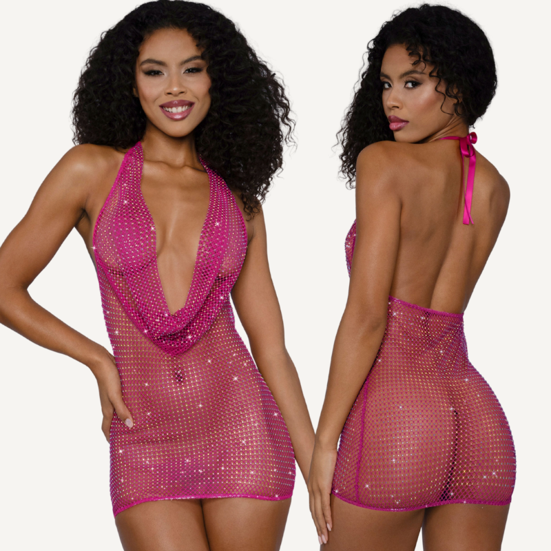 Dreamgirl Pink Rhinestone Cowl Neck Mini Dress, front and open-back views