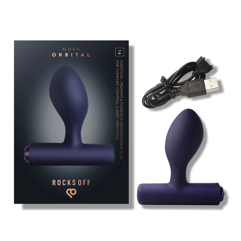 Purple Nova Orbital prostate plug with its retail box and magnetic USB cable