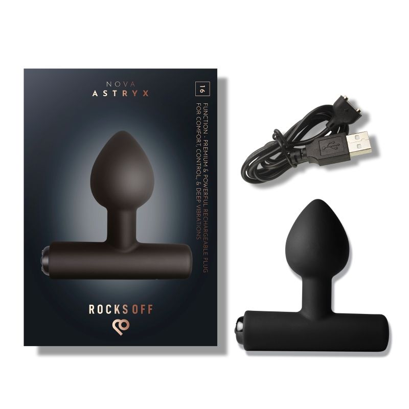 Rocks Off Nova Astryx black plug with its labelled Astryx retail box and USB cable